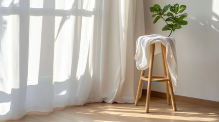 Bright, serene room with a tripod stool wrapped in a flowing white textileの素材