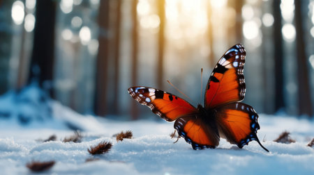Butterfly wings glisten against the snow-laced trees of a tranquil forestの素材