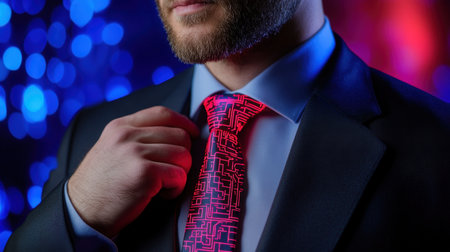 Businessman in a sharp suit with glowing neon circuit tie, set against a futuristic digital backgroundの素材