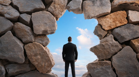 Businessman facing light through broken rock wall, blue sky beyond, opportunity through obstaclesの素材