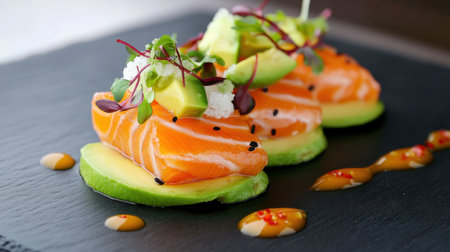 Delicious fresh salmon and avocado plated with lime juice drizzle and garnish on black slateの素材