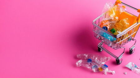 Conceptual photo of consumer waste using tiny cart and plastic on bright pink backgroundの素材