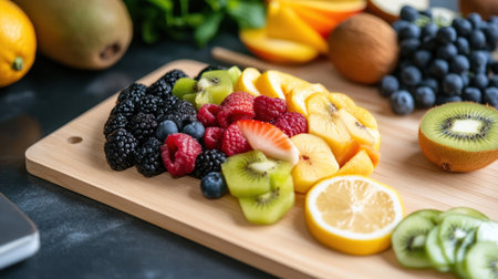 Artistic representation of a brain using mixed fruits on a wooden board for health educationの素材