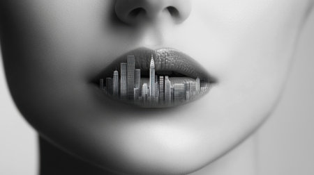 Close-up of lips merging into a black and white cityscape, stylish and surrealの素材