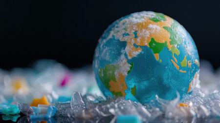 Close-up of plastic waste encircling a globe, highlighting the environmental impact of plasticの素材
