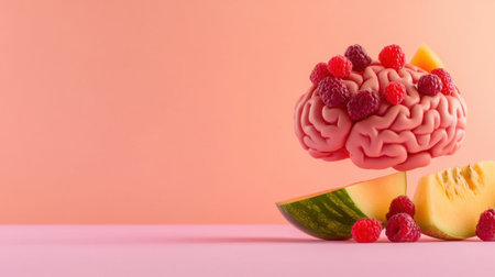 Colorful fruit brain with vibrant berries and melon pieces, isolated on pastel backgroundの素材