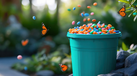 Close-up of a teal bin packed with candy waste in a garden setting, with butterflies fluttering aroundの素材