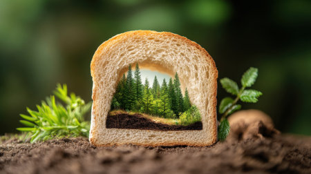 Conceptual image of a bread slice with internal forest landscape, nature within food ideaの素材