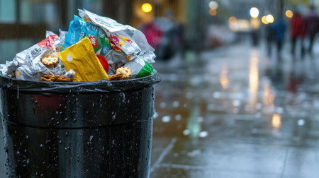 Crumpled newspapers and snack packaging sticking out of an overflowing bin on a rainy streetの素材