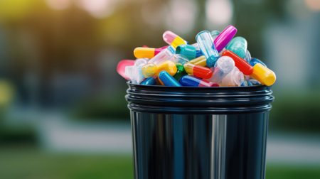 Close-up of colorful plastic caps inside a deep black recycling bin, symbolizing sustainabilityの素材
