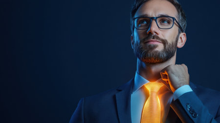 Confident businessman with high-tech glowing tie, symbolizing innovation and the future of workの素材