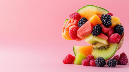 Colorful fruit brain with vibrant berries and melon pieces, isolated on pastel backgroundの素材