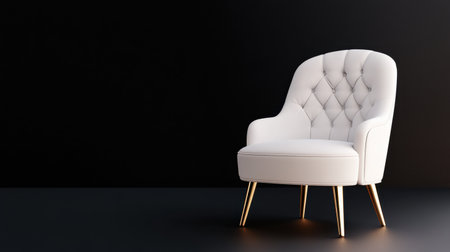 Elegant white chair contrasts against a deep black background, lit dramaticallyの素材