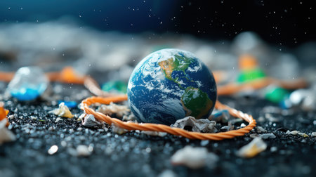 Earth entangled in plastic cords and debris, illustrating global pollutionの素材