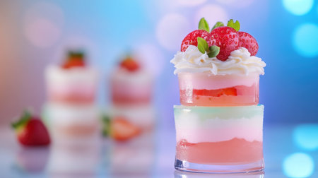 Dreamy dessert photo: strawberry jelly cakes with fluffy cream, pastel tonesの素材