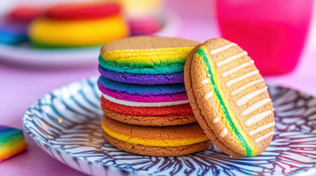Delicious rainbow cookies and striped wafers, stacked on a patterned plate with bright lightingの素材
