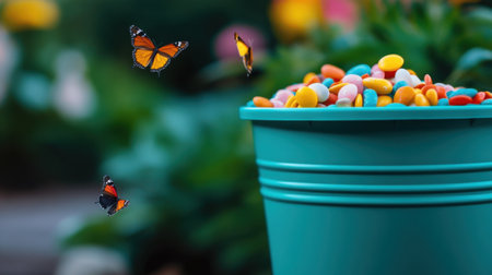 Close-up of a teal bin packed with candy waste in a garden setting, with butterflies fluttering aroundの素材