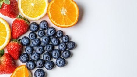 Creative fruit brain made from blueberries, strawberries, and citrus slices on white backgroundの素材