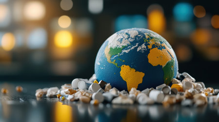 Disposable items forming a ring around the Earth model, indicating unsustainable practicesの素材