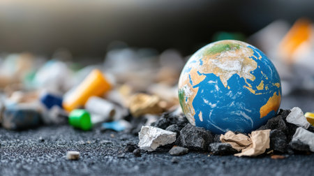 Disposable items forming a ring around the Earth model, indicating unsustainable practicesの素材