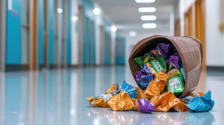Crumpled wrappers of various brands overflowing from a full trash bin in a school hallwayの素材