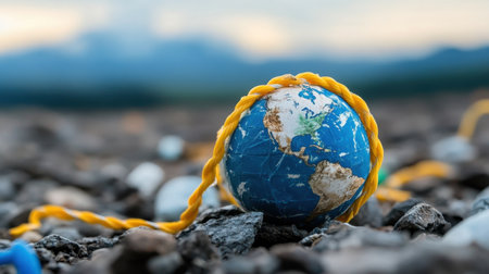 Earth entangled in plastic cords and debris, illustrating global pollutionの素材