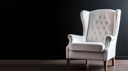 Elegant white chair contrasts against a deep black background, lit dramaticallyの素材
