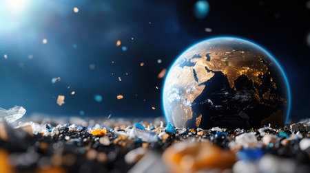 Earth from space overlaid with transparent images of plastic pollutionの素材