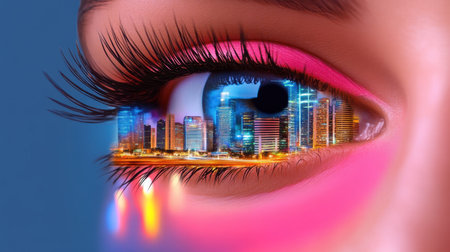 Dreamy eye with reflection of skyscrapers and glowing traffic at duskの素材