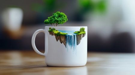 Fantastical nature scene inside white mug, with floating islands and waterfallsの素材