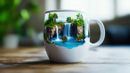 Fantastical nature scene inside white mug, with floating islands and waterfallsの素材