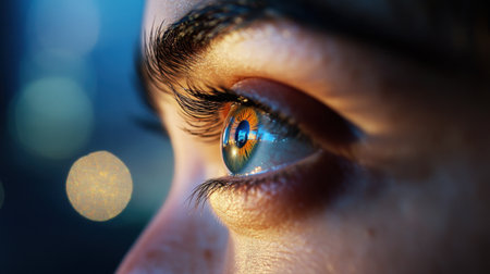 Eye of a woman framed by night shadows, city lights twinkling in the pupilの素材