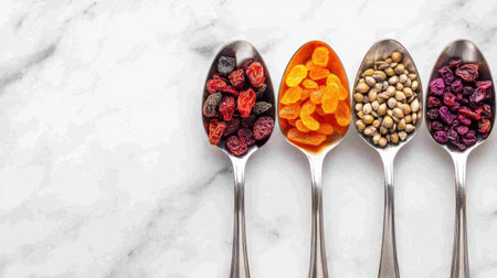 Flat lay of elegant silver spoons holding colorful dried fruits and seeds on a marble surfaceの素材