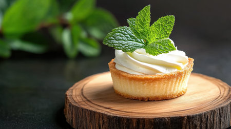 Fresh desserts on a round wood plate, soft lighting and mint detailの素材