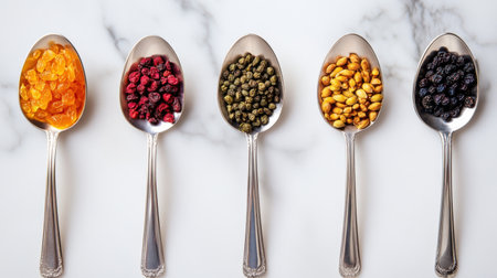 Flat lay of elegant silver spoons holding colorful dried fruits and seeds on a marble surfaceの素材