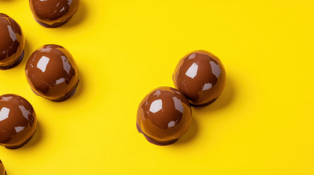 Gourmet truffles with glossy chocolate finish laid out on a bright yellow backgroundの素材