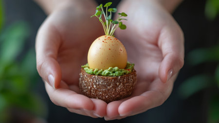 Gourmet brunch scene featuring golden egg, smashed avocado toast, microgreens and chili flakesの素材