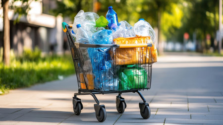 Grocery cart piled high with plastic bottles and bags, eco-awareness imageの素材