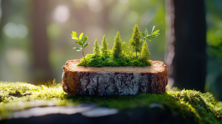 Green forest bursting out of fresh bread slice, surreal eco-food concept in bright lightingの素材