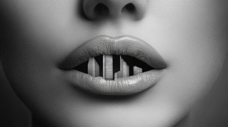 Grayscale lips becoming city buildings, high contrast urban art aestheticの素材