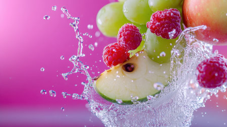 Grapes, apples, and raspberries suspended mid-air in a vibrant water splashの素材