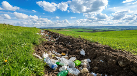 Landfill encroaching on a green field, symbolizing plastic reachの素材