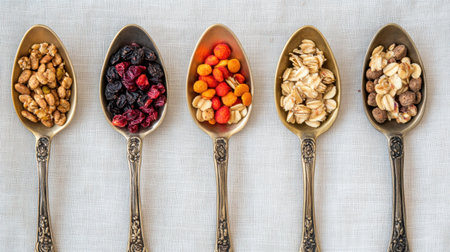 Healthy snack mix in ornate spoons on linen cloth, top-down view for food blog inspirationの素材