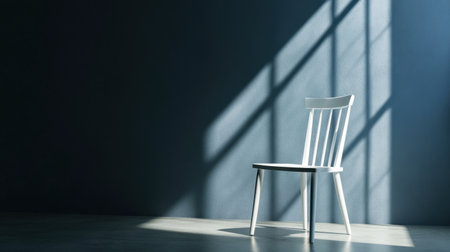 Harsh side lighting shapes the silhouette of a white chair in a dim roomの素材