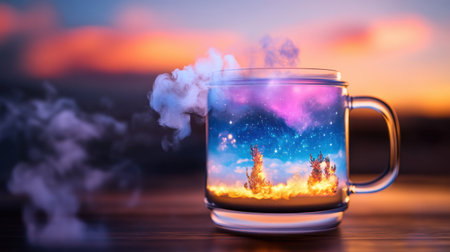 Magical universe inside a mug, complete with glowing flora and mystic cloudsの素材
