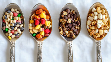 Healthy snack mix in ornate spoons on linen cloth, top-down view for food blog inspirationの素材