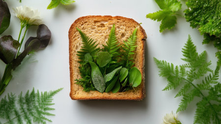 Lush foliage emerging from toasted bread, a bizarre but beautiful nature and food mashupの素材