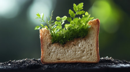 Lush foliage emerging from toasted bread, a bizarre but beautiful nature and food mashupの素材