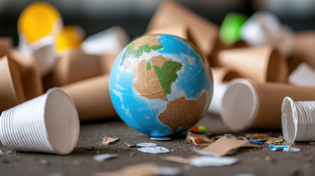 Landfill-like setup with a globe in the center, surrounded by paper cups and plastic forksの素材