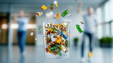An industrial-sized recycling bin overflowing with unsorted recyclable materialsの素材